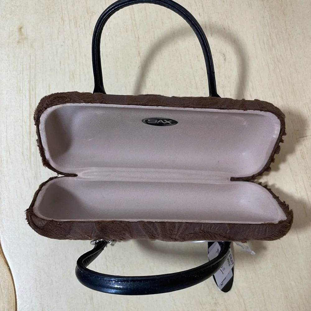 Sax Brown Velvet Paisley Covered Hard Clamshell Glasses Case w/Handles